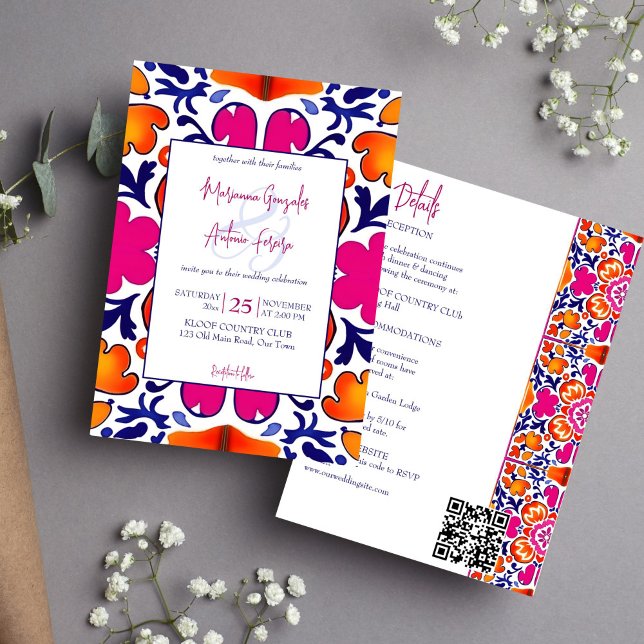 Rosa orange blå mexikanska plattor i hela bröllop inbjudningar (Pink orange blue Mexican tiles all in one wedding editable template Invitation digital download folk)