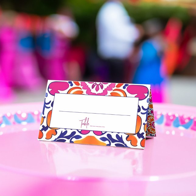Rosa orange blå mexikanska talavera-plattor bröllo placeringskort (Pink orange blue Mexican Talavera tiles printed wedding Place Card personalized table decor)