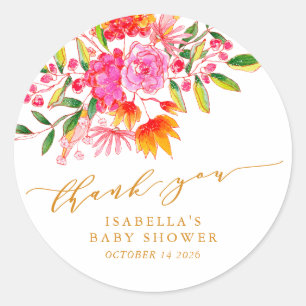 Rosa Orange Blommig Anpassad Baby Shower Tack Kort Runt Klistermärke