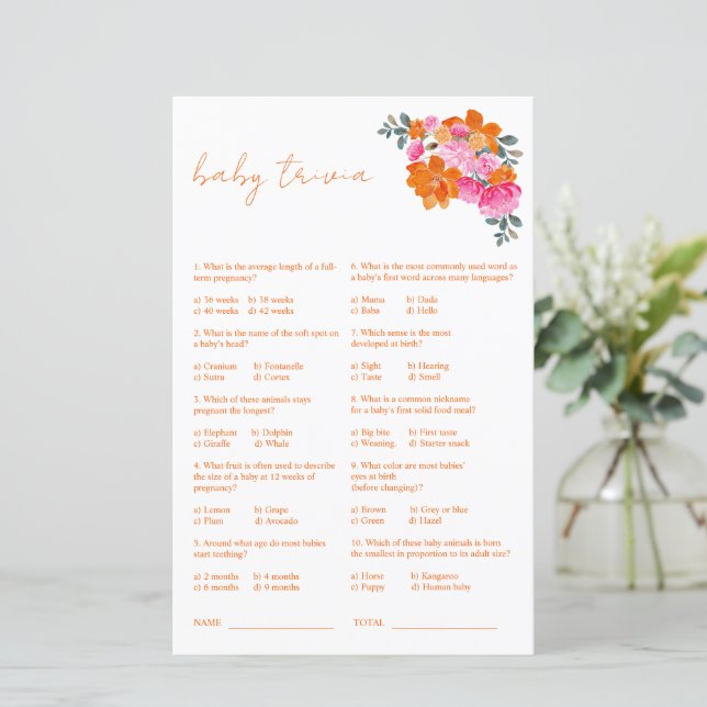 Rosa Orange Blommigt Baby Trivia Baby Shower Game (Stående Fram)