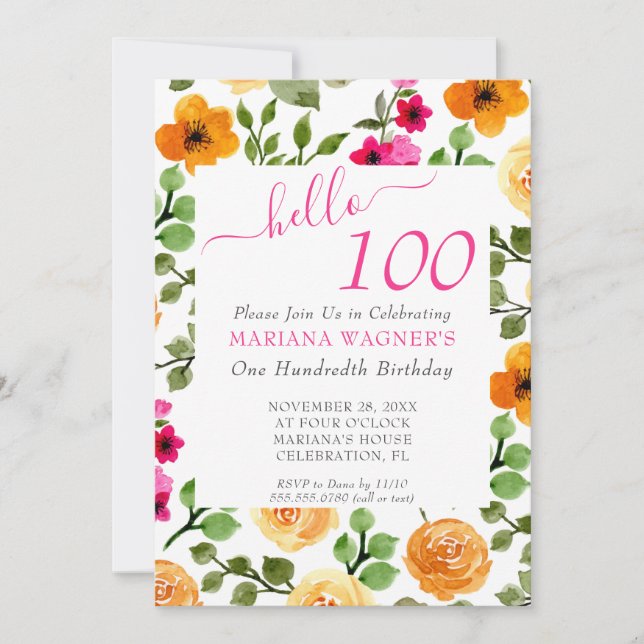 Rosa Orange Blommigt Elegant  100:e födelsedag Inbjudningar (Framsida)