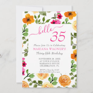 Rosa Orange Blommigt Elegant Script 35e Birthday Inbjudningar