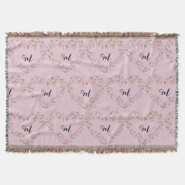 Rosa Orange Blommigt och Greenery Heart Monogram Filt (Framsidan)