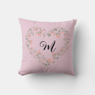 Rosa Orange Blommigt och Greenery Heart Monogram Kudde