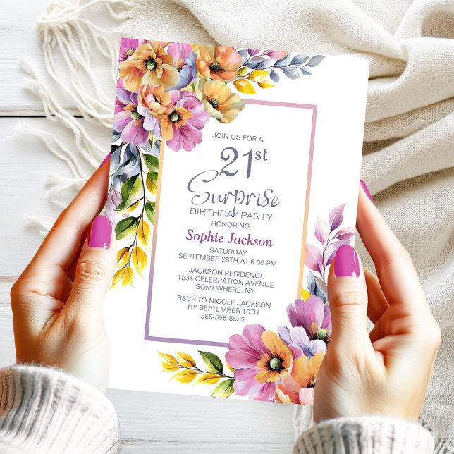 Rosa Orange Blommigt Surprise 21:a födelsedagen Pa Inbjudningar (Skapare uppladdad)