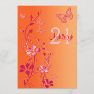 Rosa, Orange Blommor och fjärilar 21:a födelsedage Inbjudningar