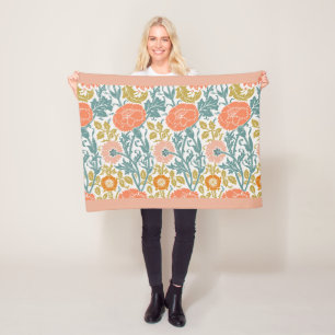 Rosa & Orange Blommor, Vintage Grafisk Konst Fleecefilt