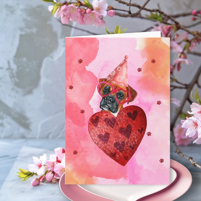 Rosa Orange Boxer Valentine Day Gift Hund Kort (Skapare uppladdad)