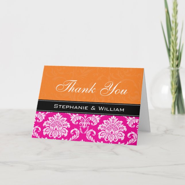 Rosa orange damask bröllops-kort för tack kort (Framsida)