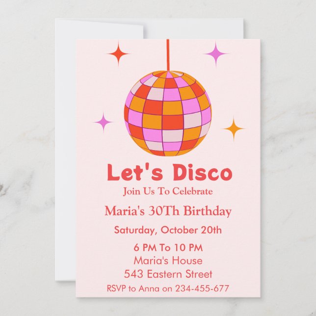Rosa Orange Disco Boll Låt oss Disco Födelsedagsfe Inbjudningar (Framsida)