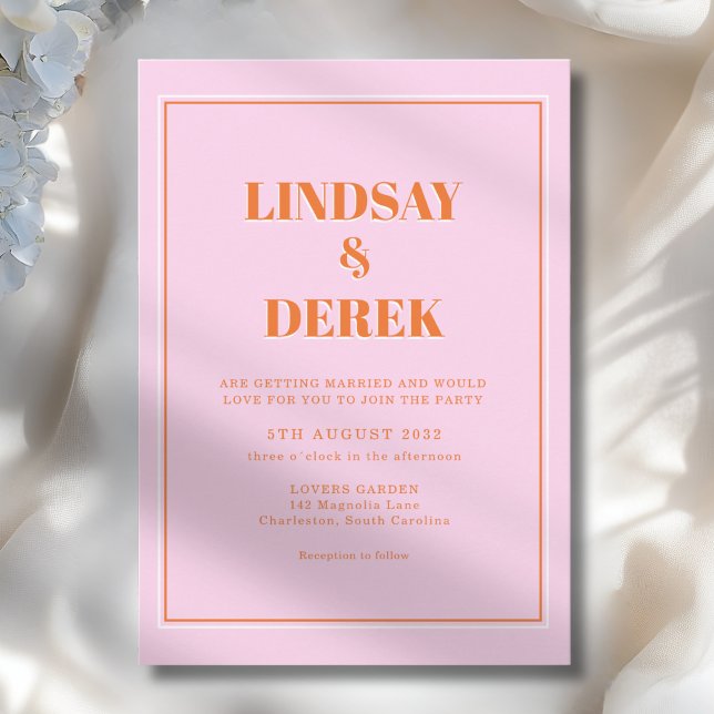 Rosa Orange Fet Stil Modern Bröllop Inbjudningar (Pink Orange Bold Font Modern Wedding Invitation)