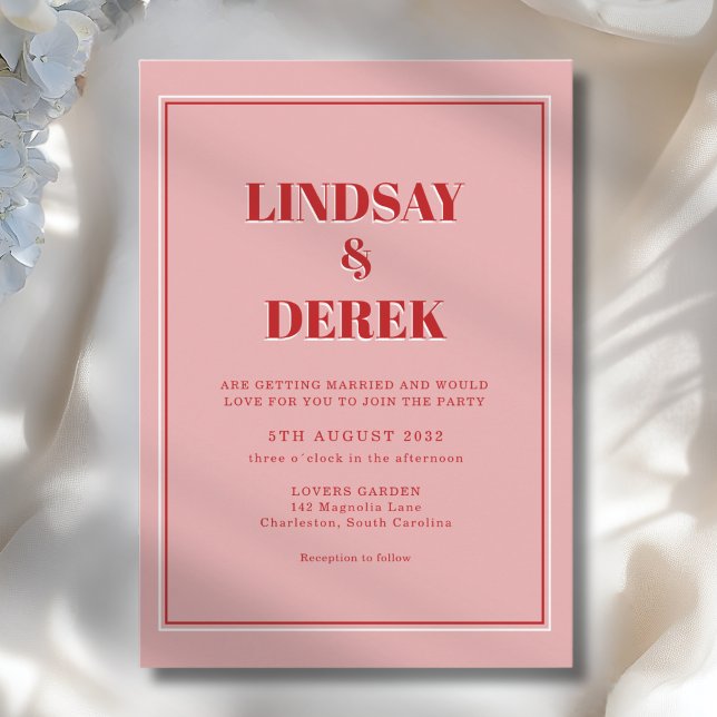 Rosa Orange Fet Stil Modern Bröllop Inbjudningar (Pink Orange Bold Font Modern Wedding Invitation. Print & Instant Downoad)