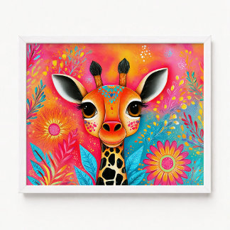 Rosa Orange Giraff Blommålning Poster