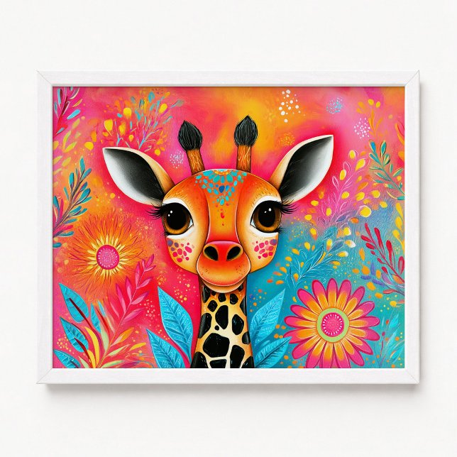 Rosa Orange Giraff Blommålning Poster (Pink Orange Giraffe Floral Painting Poster)