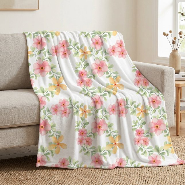 Rosa Orange Grön Akvarell Vildblomma Fleecefilt (Pink Orange Green Watercolor Wildflower Fleece Blanket)