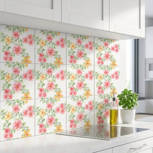 Rosa Orange Grön Akvarell Vildblomma Kakelplatta (Pink Orange Green Watercolor Wildflower Ceramic Tile)