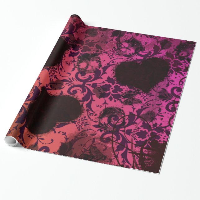 Rosa Orange Grunge Damask Valentine Presentpapper (Utrullad)