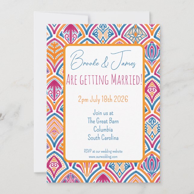 Rosa Orange Gul Teal Dekorativ Fläkt Bröllop Inbjudningar (Framsida)