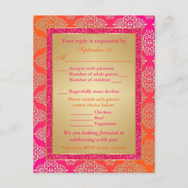 Rosa, Orange, Guld FAUX Glitter RSVP-kort OSA Kort (Framsida)