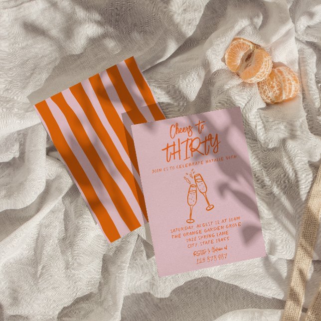 Rosa Orange Hand plockade 30:e Whimsical Birthday Inbjudningar (Skapare uppladdad)