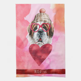 Rosa Orange Hund älskare Valentine Gift Saint Bern Kökshandduk