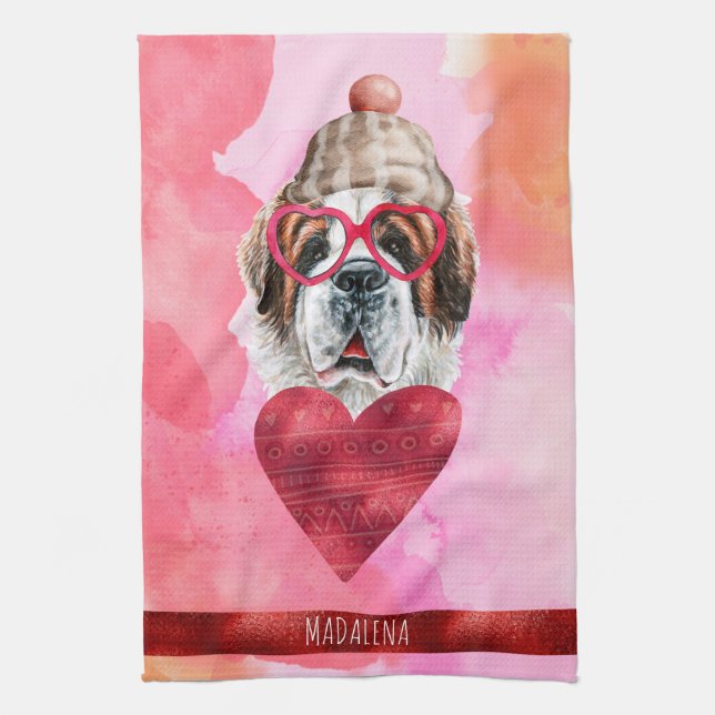 Rosa Orange Hund älskare Valentine Gift Saint Bern Kökshandduk (Vertikal)