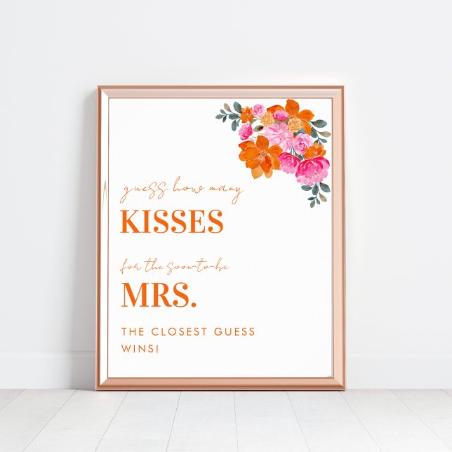 Rosa & Orange Hur Många Kyssar Bröllopsfestskylt Poster (Skapare uppladdad)