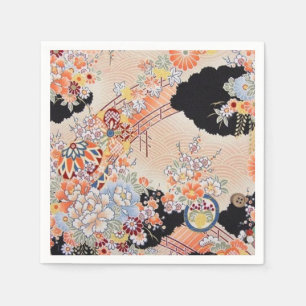 Rosa Orange Japansk Kimono Blommigt Decoupage Papp Pappersservett