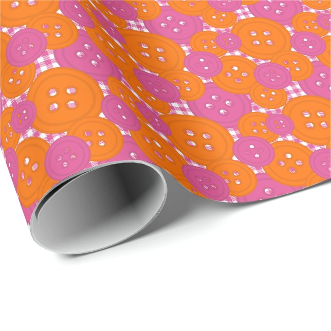 Rosa orange knappar Gingham - Hantverk och sytrum Presentpapper (Rullad Hörn)