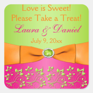 Rosa Orange Lime Blommigt Candy Buffet Sticker Fyrkantigt Klistermärke