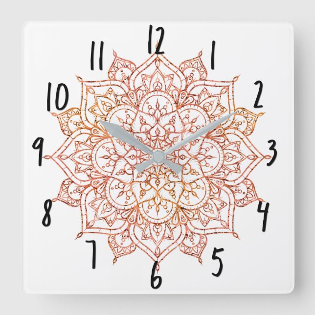 Rosa & Orange Mandala på Vit Glam Fyrkantig Klocka (Framsida)