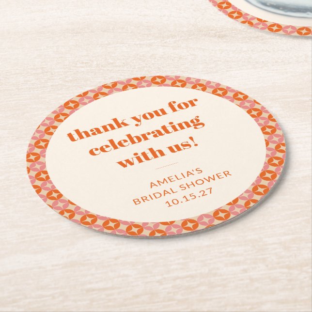 Rosa Orange Mid Century Anpassad Bröllopsfest Tack Underlägg Papper Rund (Vinklad)