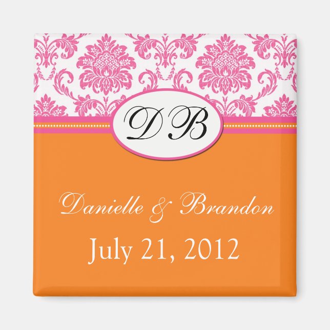 Rosa Orange Monogram Damask Wedding Magnet (Framsidan)