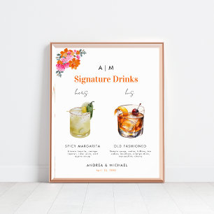 Rosa Orange Namnteckning Drinks Cocktail Bröllop-t Poster
