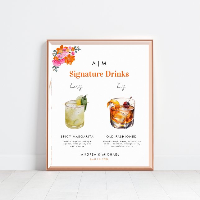 Rosa Orange Namnteckning Drinks Cocktail Bröllop-t Poster (Skapare uppladdad)