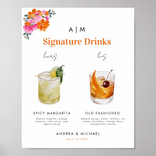 Rosa Orange Namnteckning Drinks Cocktail-tecken Poster (Framsidan)