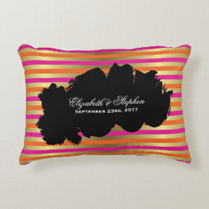 Rosa, Orange och Faux Guld Metallic Rand Bröllop Prydnadskudde