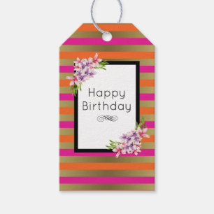Rosa, Orange och faux metallisk Rand med Blommigt Presentetikett