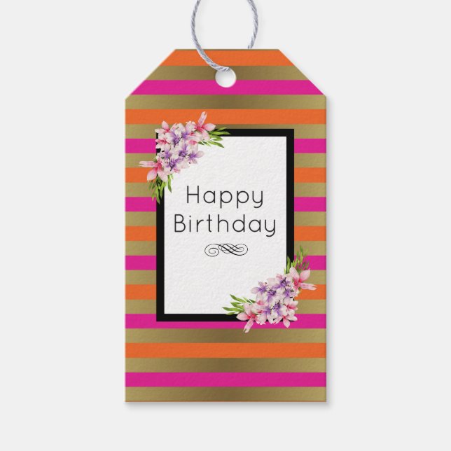 Rosa, Orange och faux metallisk Rand med Blommigt Presentetikett (Framsidan)