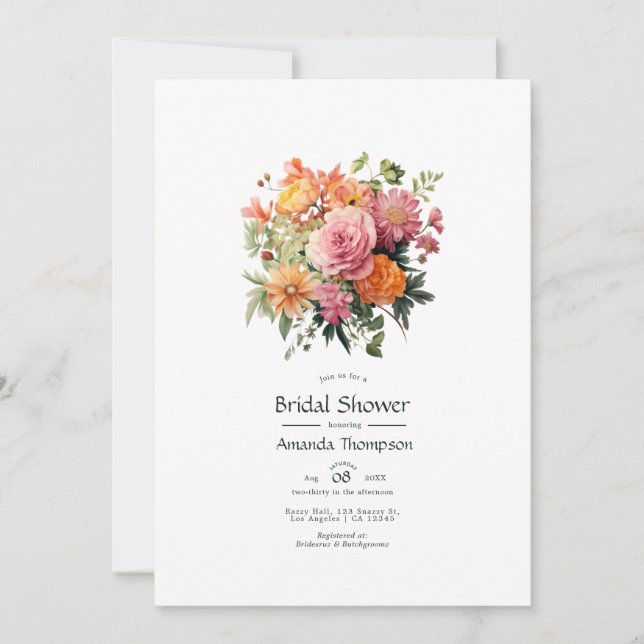 Rosa, Orange och Grön Blommig Bröllopsdusch Inbjudningar (Framsida)