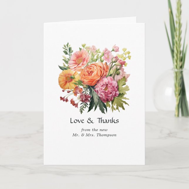 Rosa, Orange och Grön Blommig Bröllopsfest Tack Kort (Framsida)