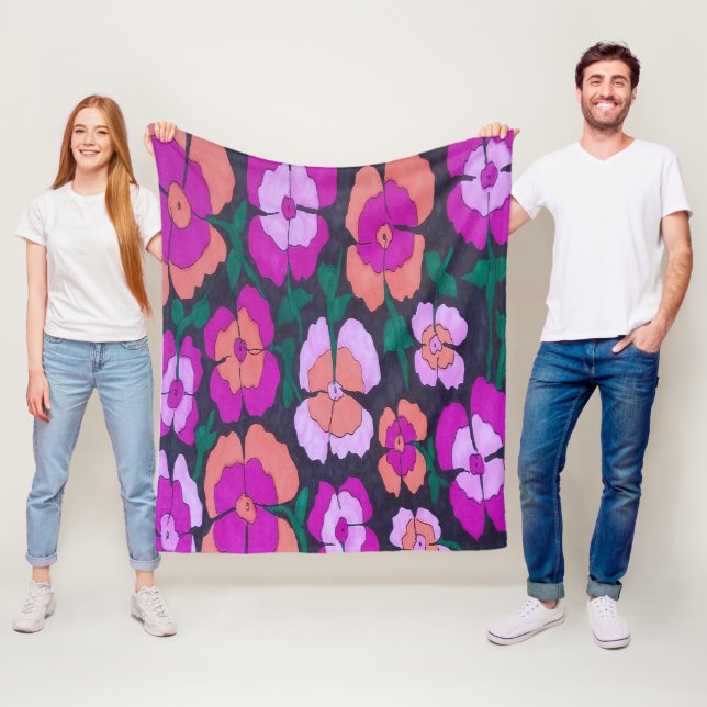 Rosa Orange och svart Blommigt Fleecefilt (På plats)