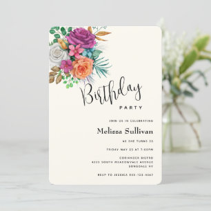 Rosa, Orange och Vit ros Blommigt Bouquet Birthday Inbjudningar