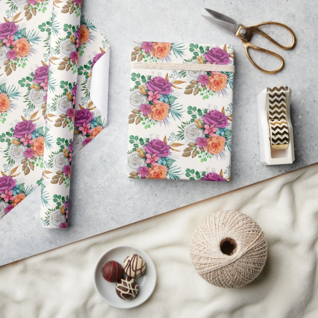 Rosa, Orange och Vit ros Blommigt Bouquet Presentpapper (Hantverk)