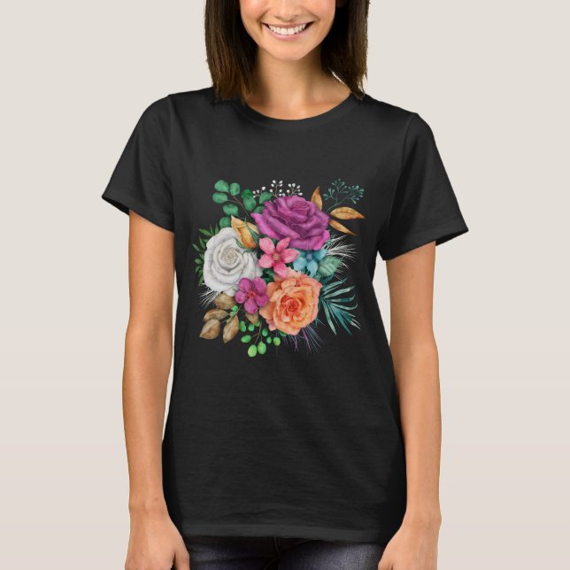 Rosa, Orange och Vit ros Blommigt Bouquet T Shirt (Framsida)