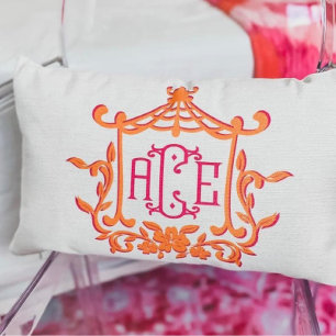 Rosa Orange Pagoda Flower Ram Monogram Initialer Lumbarkudde