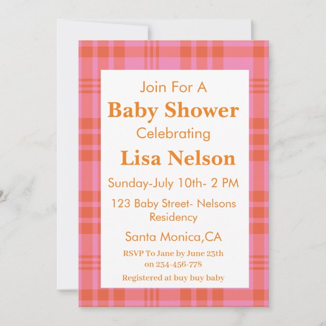 Rosa Orange Play Gingham Checkered Baby Shower Inbjudningar (Framsida)