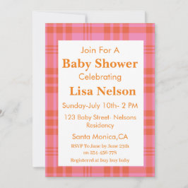 Rosa Orange Play Gingham Checkered Baby Shower Inbjudningar