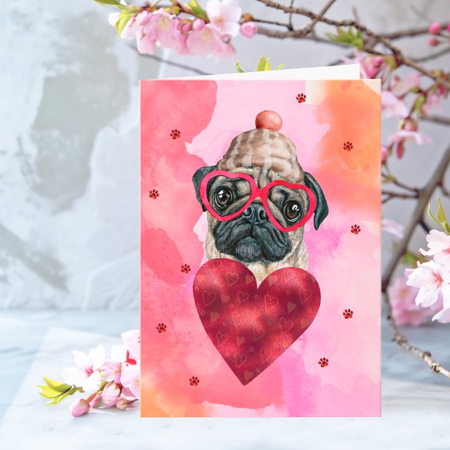 Rosa Orange Pug Alla hjärtans dag present Hund Kort (Skapare uppladdad)