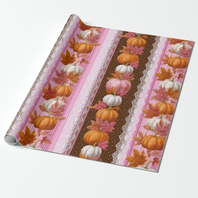 Rosa Orange Pumpa Höstblommig Mönster Presentpapper (Utrullad)
